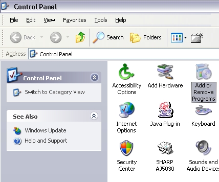 Control Panel showing Add/Remove programs choice