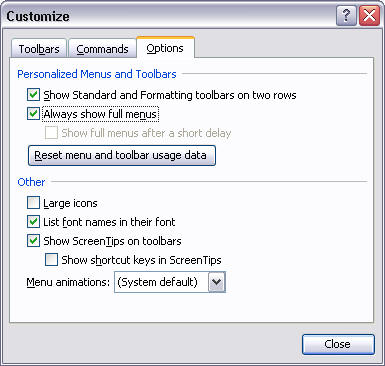 MS Office Menu options screenshot