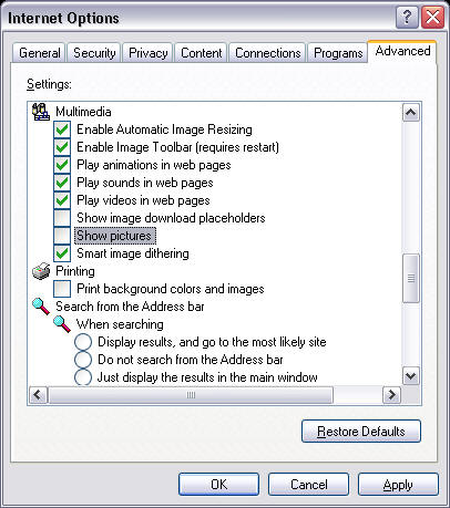 Internet options Advanced Tab screenshot