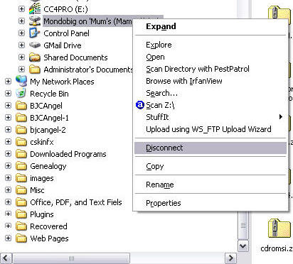 Explorer screenshot showing Disconnect map drive  right click menuu choice